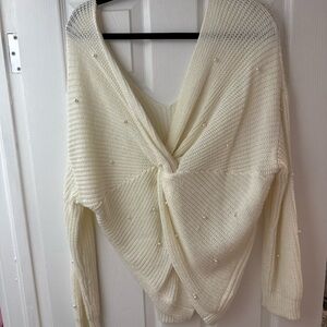 Chic Cream V-Neck Sweater with Pearl Details